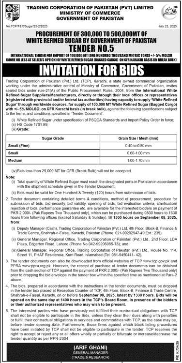 Trading Corporation of Pakistan Private Limited Tender Notice